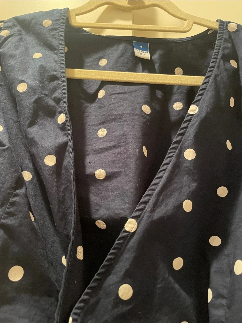 Old Navy Navy and White Polka Dot Puff Sleeve Wrap Blouse